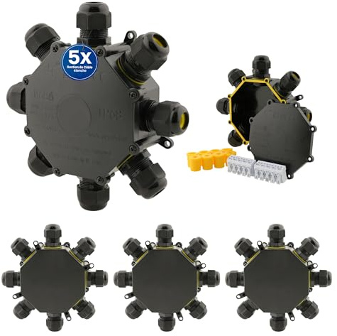 Intratec 5x Boîte de dérivation étanche 8 ouvertures 4-14mm – IP68 Boîte de distribution pour extérieur, installation facile dans le jardin & câbles enterrés – 43 x 171 x 171mm