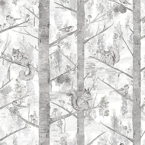 SOPHIE LAURENCE Woodland Tree Grey Wallpaper - Squirrel Birds Gold Metallic Non-Woven Grizedale - Paste The Wall Wallpaper (Sample)