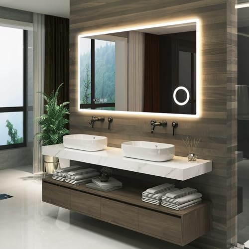 pro.tec Miroir LED pour Salle de Bain Miroir Mural avec Interrupteur Tactile Anti-buée Loupe 3X Horloge Température Affichée Aluminium Verre 5 mm 70 x 100 cm Blanc