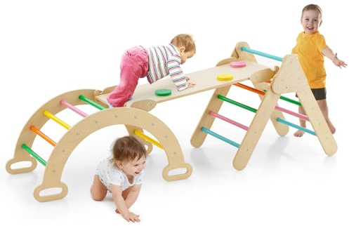 GYMAX 4 in 1 Set Arrampicata per Bambini con Scivolo,Triangolo di Arrampicata di Gioco in Legno, Giocattoli da Arco di Arrampicata, per Bambini 1 Anno+ (COLORATO)