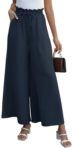 CMTOP Sommerhose Damen Leicht Lässige Palazzo Hose Elastisch Hohe Taille Freizeithose mit Taschen Kordelzug Baggy Schlaghose Elegante Business Hosen(Dunkelblau,L)