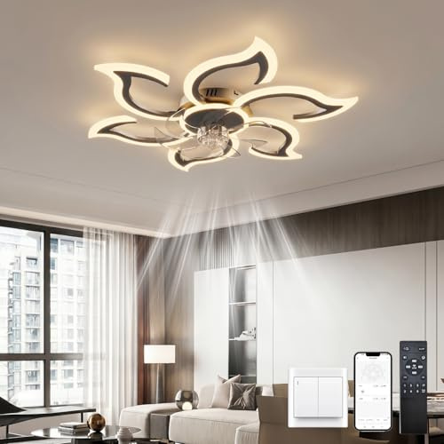LJX Led Ceiling Fans with Lights Silent Dc 88cm Black Ceiling Fan with Lighting Design 6 Speeds Dimmable Timer Memory Function 6800ml Flower Ceiling Fan with Lamp for Bedroom Lounge, Black