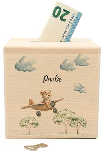 Geschenkfreude Spardose personalisiert mit Namen Holz - Leopard Flugzeug | 10x10cm, Holzspardose mit Schloss, UV-Druck Spardosen mit Namen, Geschenke Junge Mädchen Weihnachten, Geschenk Geburt