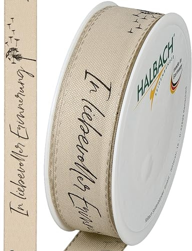 Halbach Trauerflor In liebevoller Erinnerung, 25 mm x 18 m, leinen/schwarz | Trauerband mit Schriftzung und Leinenkante, Made in Germany und Öko-Tex 100 zertifiziert, waschbar und wetterfest
