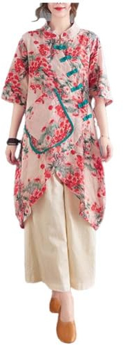 Hanfu Summer Hanfu - Blusa Holgada Informal de algodón, Manga 3/4, Cuello en V, Ropa Tradicional China con Botones de Rana China, A2 - M