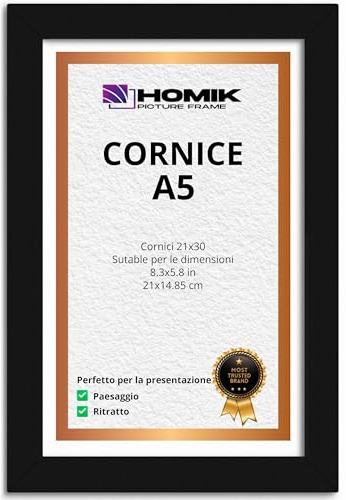 HOMIK Bilderrahmen A5 | 5x Rahmen A5 mit Acryl-Sicherheitsglas Glas Bilderrahmen din A5 – Heimdekoration Bilderrahmen Schwarz | Ideal zum Verschenken und zum Aufhängen an der Wand
