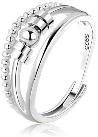 SNORSO Anxiety Rings for Women Girls, Sterling Silver Fidget Rings for Anxiety Women,Anti-Stress Spinner Rings with 5 Beads, Adjustable Open Stress Relief Thumb Rings for Daughter Women Girls