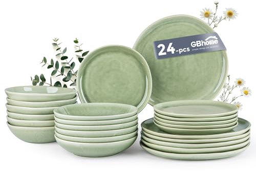 GBhome Stoneware Dinner Sets for 6 People, 24 Pieces Handcrafted Plates and Bowls Set, Scratch Resistant Dinnerware Set, Dishwasher & Microwave Safe Crockery Set, Quite Green