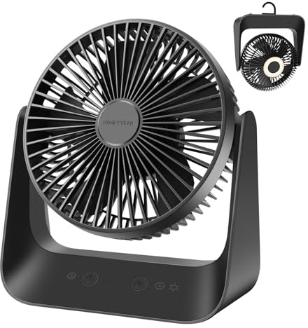 Ventilateur de camping avec lanterne LED 40 heures de temps de travail USB noir ventilateur de bureau 5 vitesses avec fort flux d'air rechargeable fonctionne avec des piles avec crochet de suspension