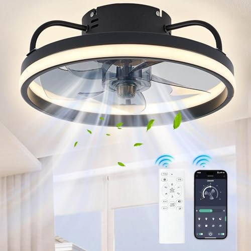 Deckenventilator mit Beleuchtung und APP-Kontrolle,55W, 6 Geschwindigkeite,Reversible Rotation,Smart- Deckenventilator Licht, Lampe mit Ventilator für Schlafzimmer, Wohnzimmer, Küche (black-50cm)