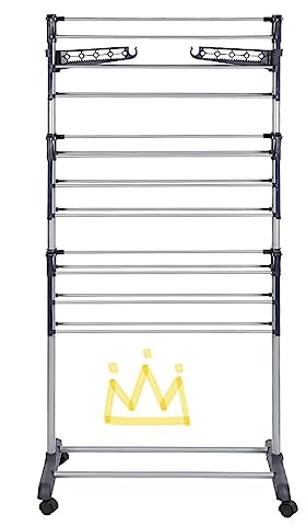 Stendibiancheria pieghevole ad alta capacità con barre in acciaio inox e ali laterali, ampie ruote per asciugare incluse (75 126) x 64 x 170 cm, grigio argento