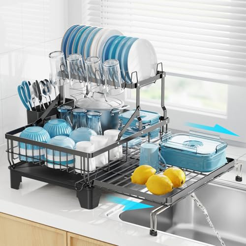 GSlife Large 2 Tier Dish Drying Rack, Expandable Heavy-Duty Dish Rack for Kitchen Counter, Rust-Resistant Dish Drainer with Utensil & Cup Holder, Auto-Drain, 16.9 W x 14.4-22.4 L, Black