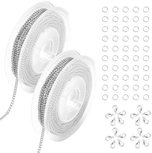 6m Gliederkette, Schmuckkette, Schmuck Basteln Zubehör, Gliederkette Meterware, Halskettenketten Zubehör, Mit 20 Karabinerverschluss und 100 Ringe, Für Schmuck DIY Herstellung (Silber, 2 Rollen)