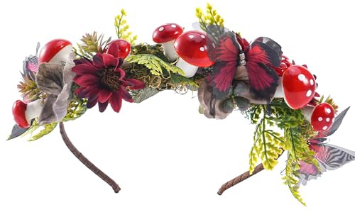 PartyforU Woodland Elf Headband for Women, Forest Fairy Butterfly Mushroom Headpiece for Renaissance Halloween Cosplay