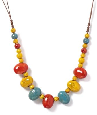 DEJIN Collana in ceramica colorata a forma di fagiolo, regolabile, 40-80 cm, bohémien, con perline rosse, gialle e blu