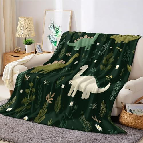 Vert Foncé Couverture Polaire Dinosaure de Dessin animé 150 x 200 cm Plaid Flanelle Doux et Chaud Jeté de Lit ou Canapé Idéal pour Enfants et Adolescents