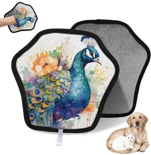 WowPrint Wasserfarben-Pfauen-Vogel Tierhaarentfernungshandschuh für Katzen und Hunde, wiederverwendbar, elektrostatische Tierhaar-Handschuhe, Bürstenwerkzeug für Couch, Kleidung, Teppich, Möbel