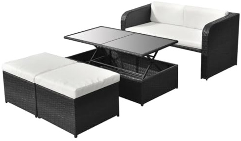 QJBSAVVA 4-teiliges Poly-Rattan Garten-Lounge-Set Schwarz, höhenverstellbarer Glastichtisch 125x69x63 cm, Balkonmöbel-Set
