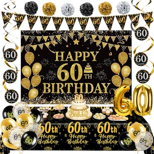 60th Birthday Decorations for Men Women, 60 Years Old Party Decor Supplies | Black Gold Party Backdrop Happy 60th Birthday Decoration Set with Banner Number Foil Balloon Tablecloth Cake Topper