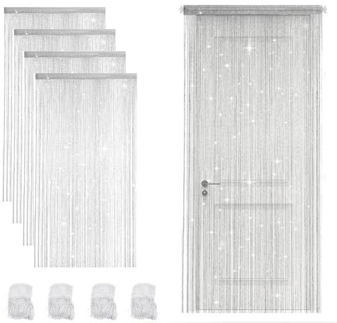 Hengrongshen 4 cortinas de hilos para puerta, 100 x 200 cm, con flecos brillantes, como separador de habitaciones y decoración de ventanas, cortina de perlas para decoración de puertas para bodas