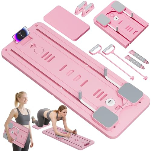Pilates Board, Orabuth Faltbarer Pilates Reformer Maschine Set Für Zuhause, Multifunktionales Core-Trainingsgerät Mit Automatischer Rückprallroll und Handyhalter Für Home Workout Equipment (Rosa)