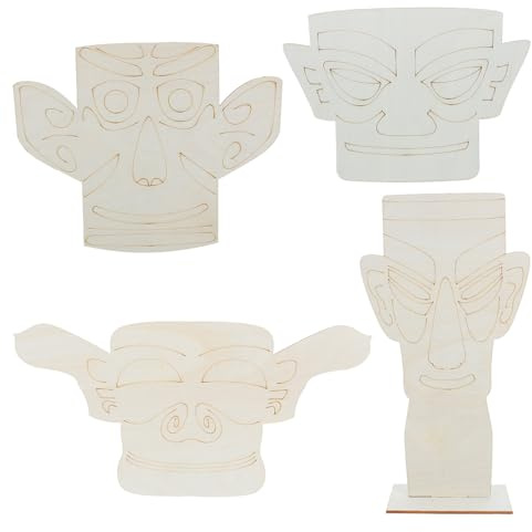 VINTORKY 4pcs Wooden Mask Cutou Craft - Unfinished Paintable Mask Piece Decoration, Chinese Sanxingdui Museum Souvenir for DIY Art and Historical Collectibles