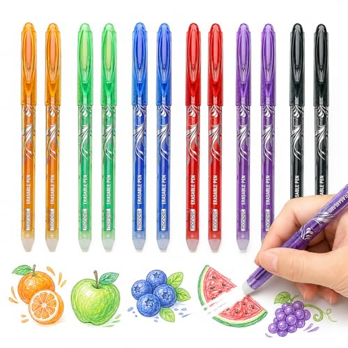 12Pcs Rub Out Pens, 6 Colors / 2pcs for Each Erasable Pen, 0.5mm Fine Tip Rub Out Pens for Student, Teacher Correction School Office Eraser Pen Gift Supplies Blue, Black, Red, Purple, Green, Orange