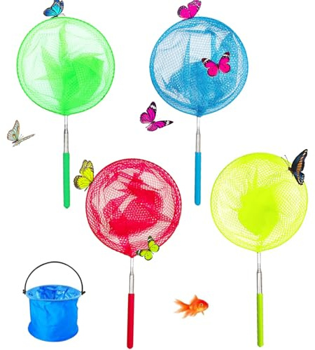 4 Pack Telescopic Butterfly Net Fishing Net Pond Net Extendable (14.5 to 33.2 Inches)+1 Pack Folding Bucket Catching Insects Children Fishing Net for Ponds Pool – Fish & Crab Catching Net for Beach