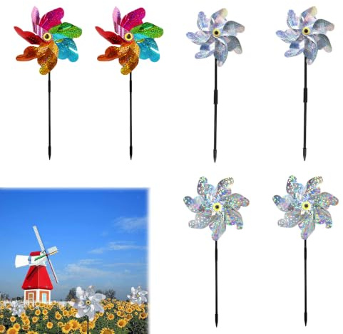 6 Pièces Moulin à Vent Réfléchissant Effaroucheur Oiseaux, 7 Pales Éolienne de Jardin Anti Pigeon pour Balcon, Verger et Potager, Décoration Extérieure (Argent, Fleur, Arc-en-Ciel)
