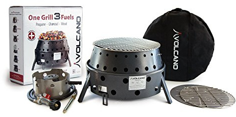 Volcano 3 Collapsible Portable Grill/Stove, Propane, Charcoal and Wood, 19500 BTU Burner, 13 Inch Cooking Surface, Camping Stove for Backpacking, Hiking, Picnic and BBQ, Carry Bag and Hose Included