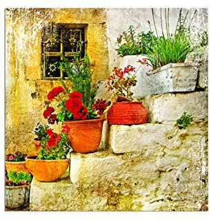 Paul Sinus Art 80x80cm - WANDBILD Blumentöpfe Blumen Griechenland Haus - Leinwandbild auf Keilrahmen modern stilvoll - Bilder und Dekoration