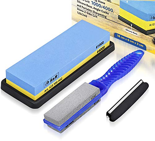 S&R Whetstone Sharpening Stone 4 Pcs.: 2-Sided Grinding Sharpener Grit 1000/4000, with Silicone Holder, Knife Guide and Portable 2-Sided Grinding Stone Grit 120/240, 100% Corundum