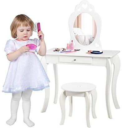 GIANTEX Kinder Schminktisch mit Hocker, Make-up Tisch Kosmetiktisch mit Schubladen, Abnehmbarer Spiegel, Mädchen Frisiertisch Set Frisierkommode Holz (weiß)