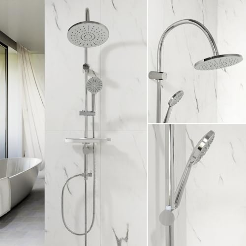 Florenta Regendusche Duschsystem ohne Armatur, Edelstahl Duschset mit Duschstange, Duschsäule mit Duschablage, ABS Kopfbrause and Handbrause Chrom
