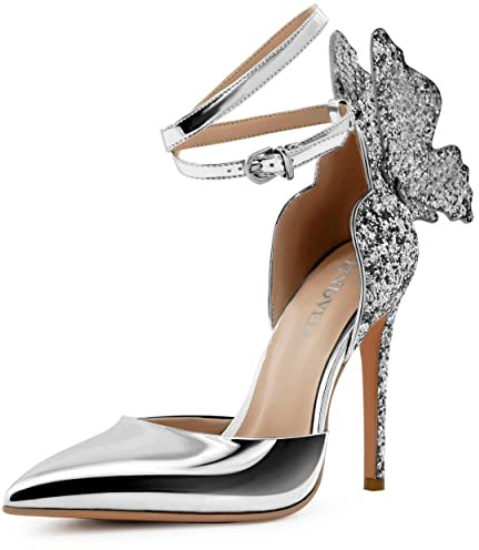 FINDVELL Silver High Heels Butterfly Back Sexy Stiletto Pumps Closed Toe Sparkly Ankle Strap Heels Sandals Dress Shoes for Women Size 9