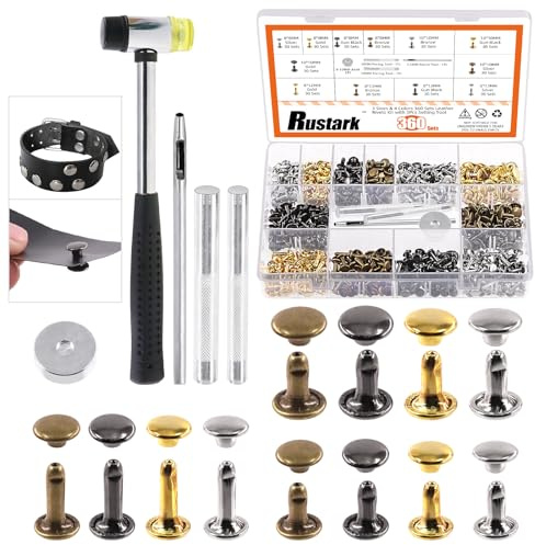Rustark 360 Sets Leder Nieten Doppelkappen 3 Größen 4 Farben Doppel Kappe Niete Hohlnieten mit Gummihammer und Befestigungswerkzeug Set für DIY Leder Handwerk (8x8mm, 8x12mm, 10x10mm)