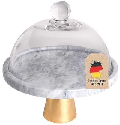 INTIRILIFE Kuchenplatte mit Glas Haube Tortenständer mit goldenen Standfuß in Marmor - Optik - 24.8 x 16.8 cm - Teller Platte für Kuchen Torten Runde Servierplatte für Gebäck