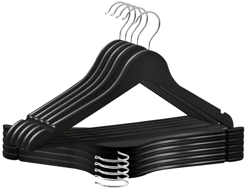 ABHENG Grucce Legno, 10 Pezzi, Appendiabiti in legno per abiti, Grucce naturale Salvaspazio per Armadio, Gancio girevole 360°, Barra Portapantaloni Antiscivolo,Nero, AWY0310B