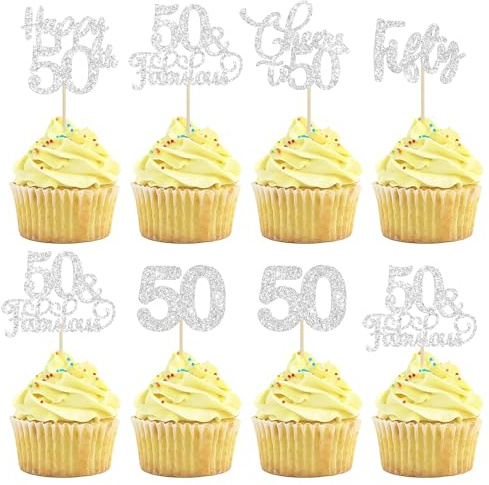 30 Pack Happy 50th Birthday Cupcake Toppers Silver Glitter Fifty Cheers to 50 Years Old Birthday Cupcake Picks for 50th Birthday Anniversary Party Cake Decorations Supplies