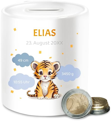 Spardose - Geschenk personalisiert mit Geburtsdaten I Geschenke zur Geburt Daten - Unisize - Weiß - geldgeschenk Baby Junge Babygeschenk personlisiert Geburtsgeschenk Namen, uhrzeit, Geld