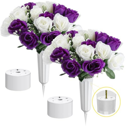Hotop 2 Sets Memorial Day Flowers for Cemetery Artificial Cemetery Flowers for Grave Funeral Patriotic Arrangements Bouquet Decoration with Vase(Dark Purple and White)