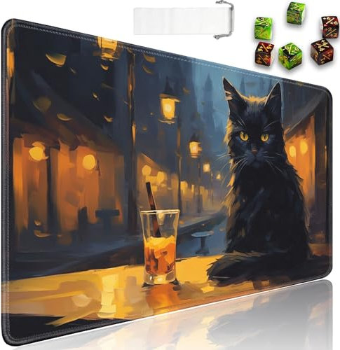 for MTG Playmat + Drawstring Travel Pouch + 6 Dice Counter, for Tabletop Trading Card Game Playmats or Large Mouse Pad, Anti-Slip Rubber 24 x 14 in, Black Cat at Cafe at Night for TCG Playmat