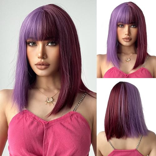 OUFEI Medio Morado Medio Burdeos Peluca Bob Con Flecos Peluca Corta Recta Para Las Mujeres Pelucas De Pelo Sintético Para todos Los Días De Fiesta Cosplay Desgaste