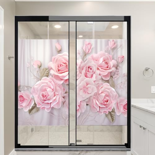 Moderne rosa Rosen Fensterfolie, Sonnenblockierung, schöne Blumen, Fantasie, Blumenhaus, Fenster-Tönungsfolie, kein Kleber, Glashaftung, Abdeckungen für Zuhause, dekorativ, 80 x 140 cm x 2 Stück