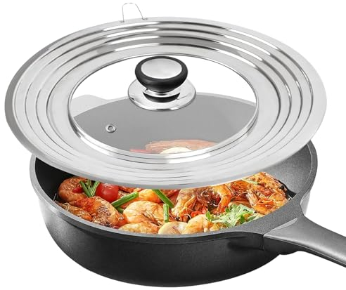HOMURY Coperchio universale per padelle, 24 cm – 30 cm, coperchio in vetro per pentole, con bordo in acciaio inox e foro per vapore, coperchio universale, per padelle, wok, piroscafo – argento