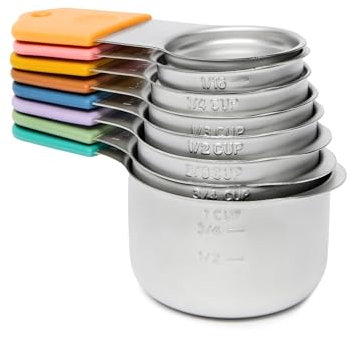 Chef Pomodoro Stainless Steel Measuring Cups, Sturdy Long Handles, Nesting and Stackable, Metal Kitchen Spoons for Wet and Dry Ingredients (8-Piece Set (Magnetic))