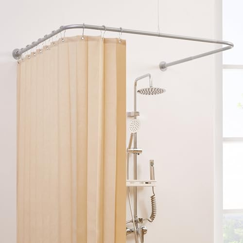 Crkmire U Form Duschvorhangstange, [Beide Seiten: 60-132cm, Mitte: 78.7-118.6cm] Einstellbare Badewanne L & U Form Duschstange Außenduschstange für Badezimmer mit 12-Haken Deckenunterstützung