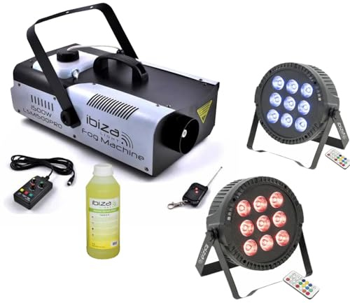 Ibiza Light - Pack Lumière Machine à Fumée Ibiza LSM1500PRO - 2 Projecteurs ParLEDS THINPAR-9X6W-RGBW DMX - Liquide à Fumée - Animation Mariage Soirée Fête DJ Professionnel