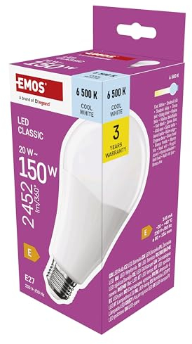 EMOS LED Lampe A80-Birne, 20W Ersatz für 150W Glühbirne, klassiche Birne in größerer Form, E27 Sockel, Helligkeit 2452 lm, Kaltweiß 6500 K, 30000 h Lebensdauer, CRI min. 80, 180° Abstrahlwinkel