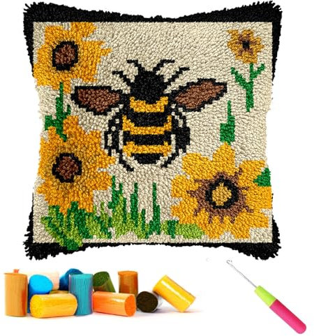 CCWORAN Bee Latch Hook Kits for Adults Beginners Cushion Craft Kits Pillow Cover Making Crochet Pre Printed Canvas Wool Yarn Hobbies DIY Sofa Home Decor Women Gift Cartoon 9